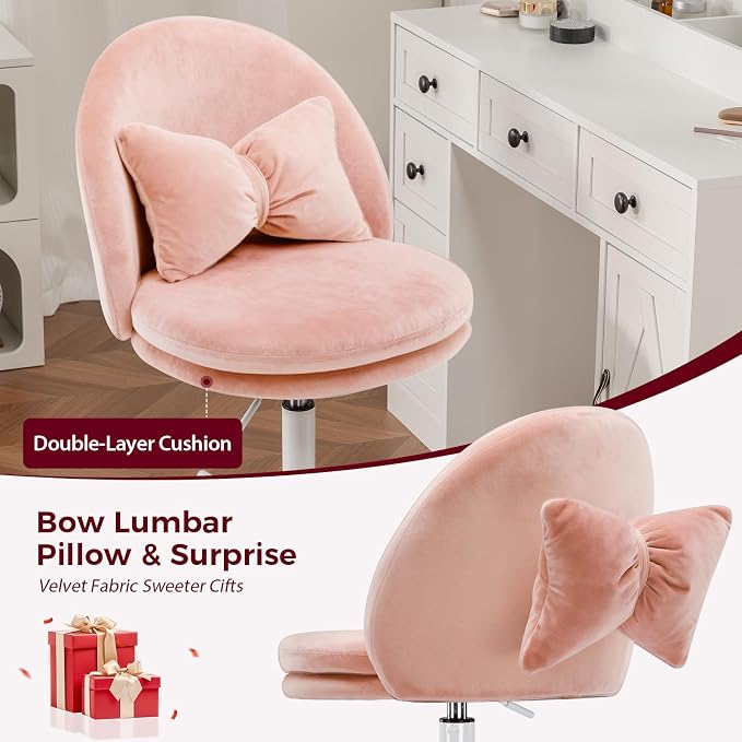 GTPLAYER Velvet Tall Office Chair with Wheels Vanity Chairs with Back, Versatile Height Use: Office to Bar Stools Small Ergonomic Comfy Armlees Computer Desk Chair with Bow Lumbar Pillow for Gift