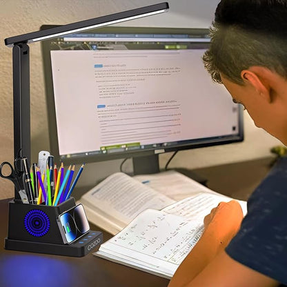 cozoo LED Desk Lamp for Home Office, Desk Light with 15W Wireless Charger Pen Holder, 12 Lighting Modes Desk Lamp for Bedroom, Small Table Lamp for College Dorm, Study, Craft, Nail, Matte Black