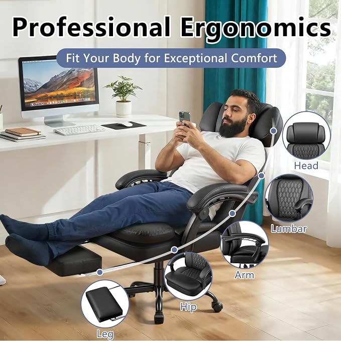 Office Chair with Foot Rest 400lbs, High Back Leather Office Chair Big and Tall, Heavy Duty Ergonomic Executive Desk Chair for Home Office, Black