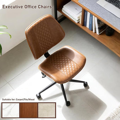 DYHOME Modern Walnut Home Office Chair with Wheels, Executive Office Desk Chair No Arms, Adjustable Height Small Desk Chair, Comfy PU, Deeper Cushion, Mid Back 360 Swivel Computer Chair, Brown
