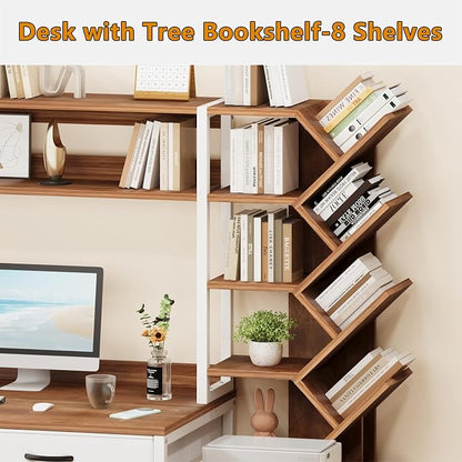 YOMILUVE Reversible Computer Desk with Hutch, Home Office Desk with 5 Drawers and Bookshelf, 52'' Study Writing Desk with Storage Shelves for Bedroom Home Office, Brown and White