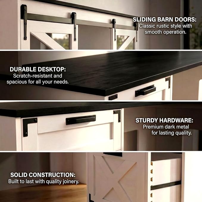 VOWNER Farmhouse L Shaped Executive Desk with Hutch and 6 Drawer, 57" Home Office Desk with Power Outlet and 2 File Drawers, Corner Computer Desk with Storage Shelves and Sliding Door for Home Office