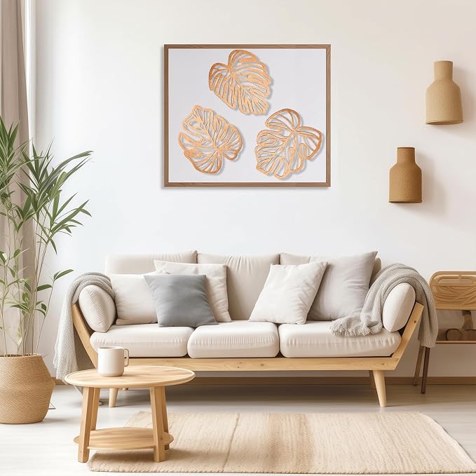 Palm Leaves Wood Wall Decor , 3Pcs Tropical Wall Art Jungle Decor, Wooden Natural Leaves Plant Wall Decor, Vintage Tropical Plant Plaque for Home Living Room Kitchen Bedroom Bathroom & Garden, Light Brown