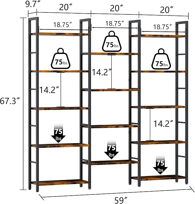 Shintenchi Triple 5 Tier Bookshelf, Industrial Large Bookcase with 14 Open Display Shelves, Large Etagere Bookshelf,Wide Book Shelf Book Case for Home & Office, Brown