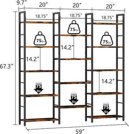 Shintenchi Triple 5 Tier Bookshelf, Industrial Large Bookcase with 14 Open Display Shelves, Large Etagere Bookshelf,Wide Book Shelf Book Case for Home & Office, Brown