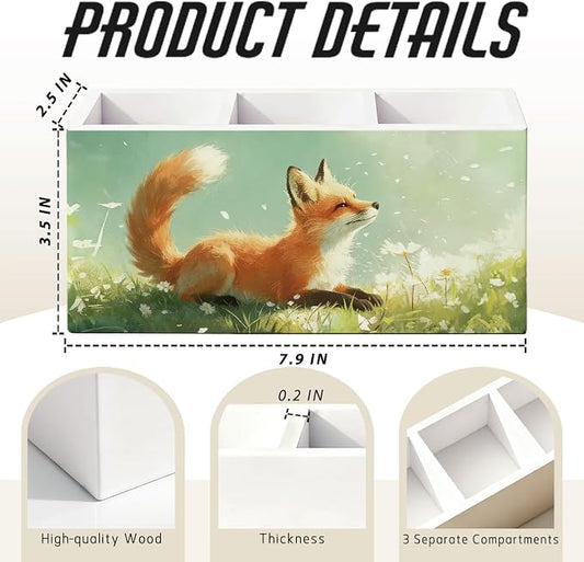 Fox Pen Pencil Holder for Desk, Fox Gifts for Women Men, Animal Lovers Gifts, Rustic Wildflower Wild Animal Wooden Box Sign Decorations for Kids Room Bedroom Home Office Desk Tabletop