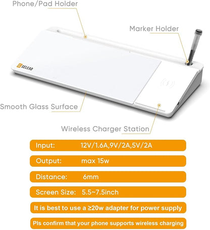 SELEAD Desktop Glass Whiteboard with Wireless Charger & Built-in Mirror, Dry Erase Board Computer Pad Keyboard Stand with Organizer for Home, School, Office Desk Accessories, White