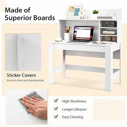 GOFLAME Computer Desk with Hutch, Wooden Writing Desk with Anti-Toppling Device, Cable Management Hole, Modern Home Office Workstation PC Laptop Table for Small Space, White