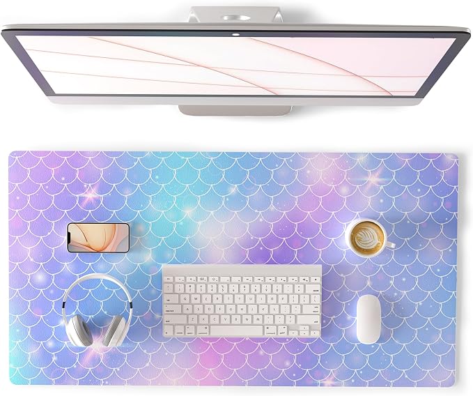 QiyI Large Desk Pad, Colorful Mouse Pad Desktop Decor, Waterproof PU Leather Desk Cover Protector, Desk Accessories for Office Home Work Writing Gaming 31.5" x 15.7" - Gradient Fish Scales