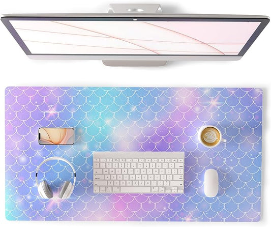 QiyI Large Desk Pad, Colorful Mouse Pad Desktop Decor, Waterproof PU Leather Desk Cover Protector, Desk Accessories for Office Home Work Writing Gaming 31.5" x 15.7" - Gradient Fish Scales