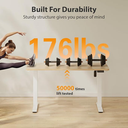 Cubiker Standing Desk, 55x28 Inches Sit Stand Home Office Desk, Electric Stand up Desk, Adjustable Desk with Splice Board, White Frame/Maple Top