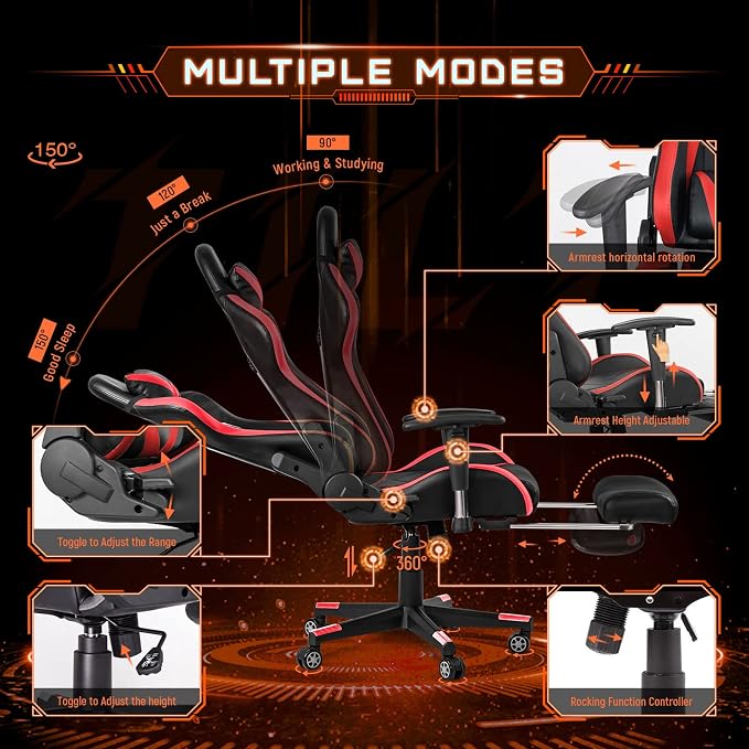 AA Products Gaming Chair High Back Ergonomic Computer Racing Chair Adjustable Office Chair with Footrest, Lumbar Support Swivel Chair - Red