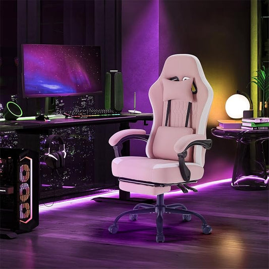 Sweetcrispy Video Gaming Chair: Ergonomic Desk Chair with Footrest and Lumbar Support, Height Adjustable High Back with Linkage Armrests and Headrest, 360° Wheels, Pink