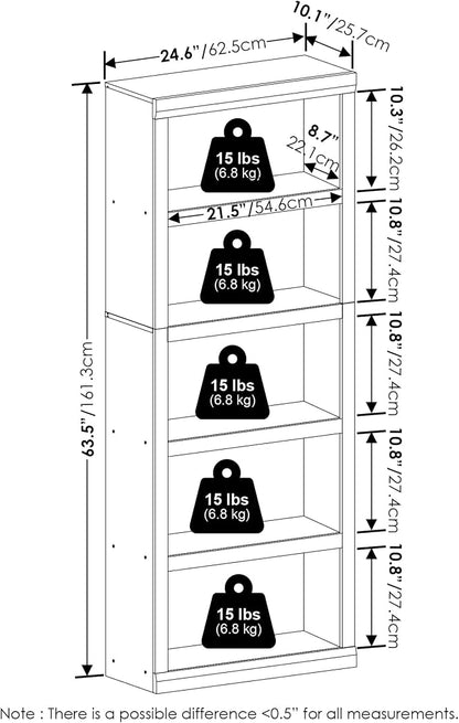 Furinno Rail Book Shelf, 5-Tier Bookshelf with Open Shelf, Bookcase with Classic Style Edges, 10 x 24.6 x 63.5, for Organization and Storage, for Living Room, Bedroom, Home Office, Amber Pine