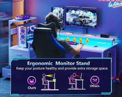AODK 52 Inch Gaming Desk with USB Charging Ports & LED Light- Reversible Computer Desk with Storage Shelves & Monitor Stand, Modern Gamer Desk Table with Fabric Drawers, White