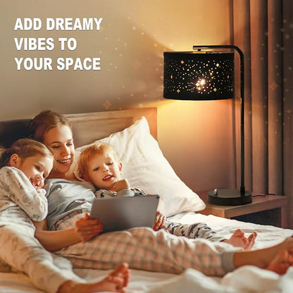 Bedside Table Lamp with USB C+A Ports, Fully Dimmable Modern Nightstand Side Lamps with Stars Shade, Tall Desk Reading Lamps for Living Room Bedroom 3000k LED Bulb Included
