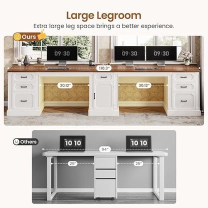SEDETA Farmhouse 110.3" Two Person Desk with 7 Drawers, Long Computer Desk with Storage Cabinet, 2 Person Desk with Power Outlets for Home Office, White+Brown