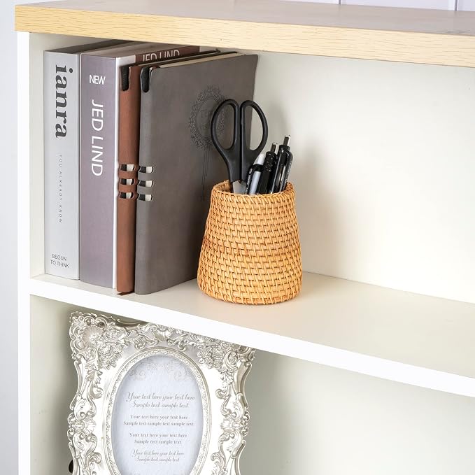Wicker Rattan Pencil Holder, Handwoven Natural Rattan Pen Cup Organizer, Natural Brown Desk Accessory for Office/Vanity/Kitchen, 1-Pack