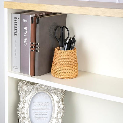 Wicker Rattan Pencil Holder, Handwoven Natural Rattan Pen Cup Organizer, Natural Brown Desk Accessory for Office/Vanity/Kitchen, 1-Pack