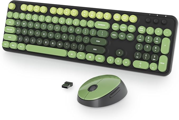 Wireless Keyboard and Mouse Set, Retro Typewriter, 2.4GHz Full Size 104-Key Cute Keyboard with Number Pad, Colorful with Round Keycaps for Windows PC Laptop(Dark Green)