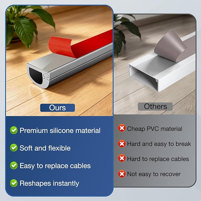Silicone Cord Covers Wall Self-Adhesive Cord Covers for Wires on Wall Wire Hider Flexible Cable Hider with Side-Opening for Home Office TV Cable Management (0.59" W x 0.39" H x 39" L, Gray)