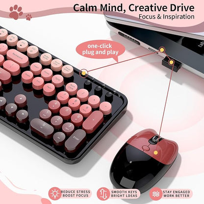 Wireless Keyboard and Mouse, 104 Round Keycaps Retro Typewriter with OTG & Brush, Full-Size Ergonomic, Ideal for Windows PC, Home, Office and College Black Pink