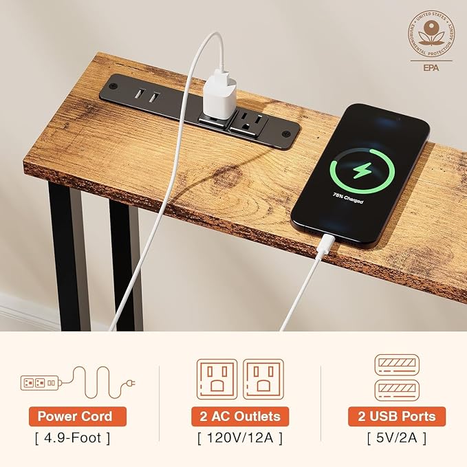 Keelian 90" Narrow Sofa Table - 2 Power Outlets & 4 USB Ports, Metal Frame,Perfect for Hallway, Office, and Behind Sofa - Easy Assembly, 4.9ft Extension Cord Included Rustic Brown
