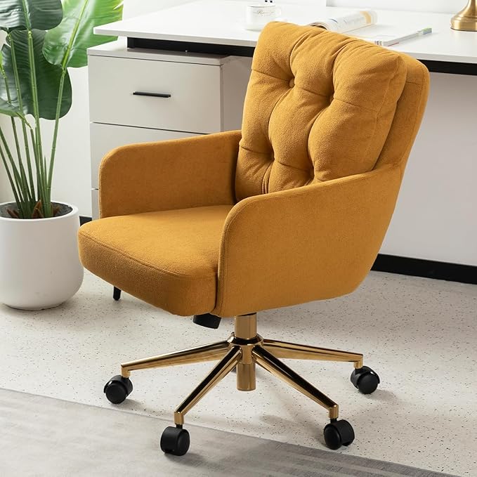Flannel Office Chair, Comfy Home Office Desk Chairs with Lumbar Support, Modern Velvet Desk Chair Gold Legs Small Swivel Task Chair for Home Office, Bedroom, Study (Yellow, XL)