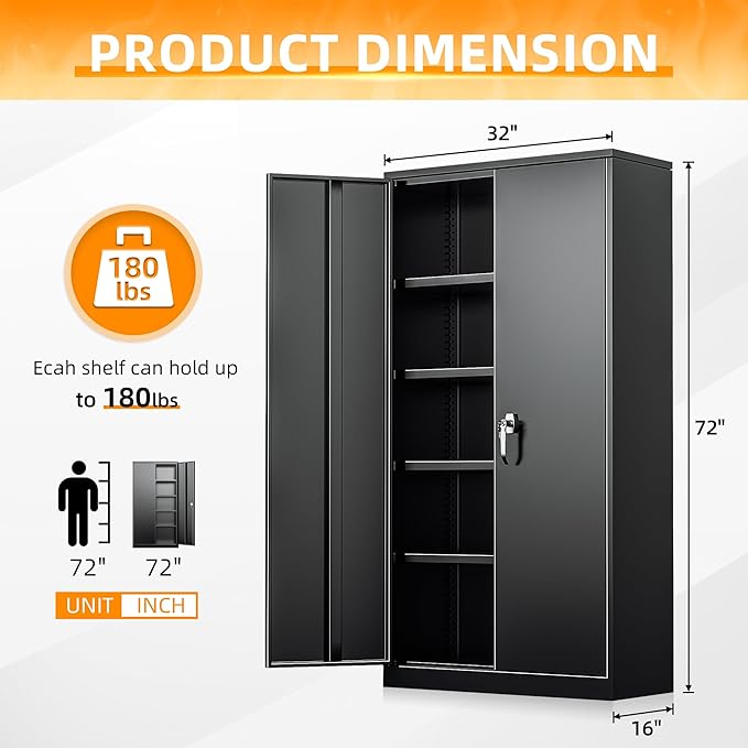 INTERGREAT Storage Cabinet with Doors and Shelves, Metal Garage Storage Cabinets with Lock, Black Lockable Steel Supply Cabinet for Home Office, Warehouse
