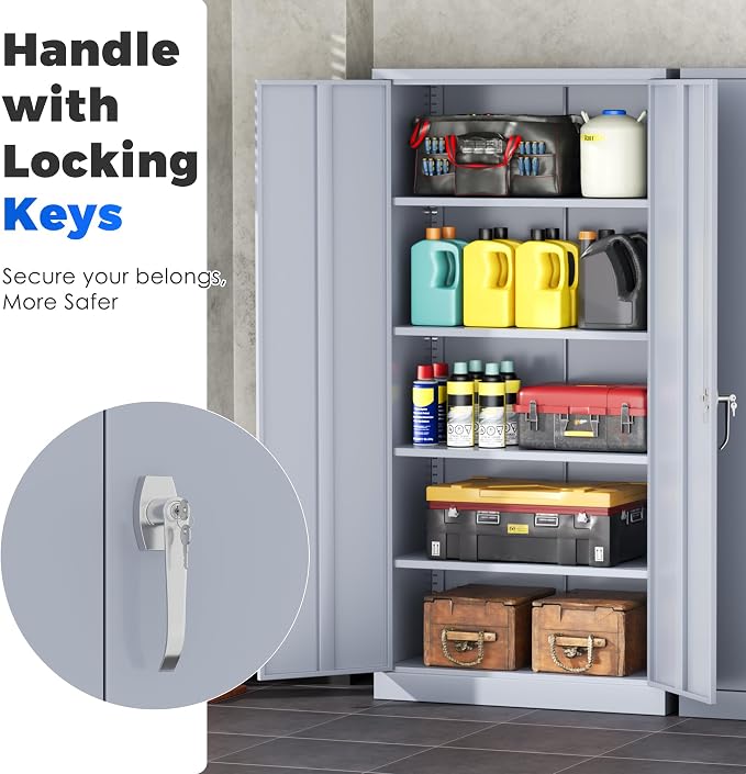 INTERGREAT Metal Garage Storage Cabinet with Lock, 72" Storage Cabinet with Locking Doors and 4 Adjustable Shelves, Lockable Steel Tool Cabinet for Home Office, School, Cement Grey