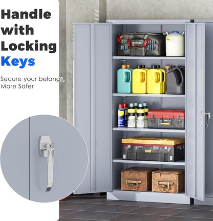 INTERGREAT Metal Garage Storage Cabinet with Lock, 72" Storage Cabinet with Locking Doors and 4 Adjustable Shelves, Lockable Steel Tool Cabinet for Home Office, School, Cement Grey