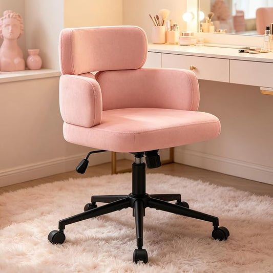 Home Office Chair with Unique Curved Back, Cute Pink Upholstered Wide Seat Desk Chair with Wheels,Swivel Tilt & Height Adjustable, Plush Velvet Fabric Matel Base for Home Office Vanity, Pink