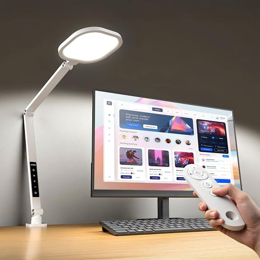 LitONES Led Desk Lamp with Clamp, 2000LM Dimmable Home Office Desktop Light, 3000k-6500k Adjustable Swing Arm Ring Light for Video Conference, Study, Reading, Zoom Calls, Streaming (White)