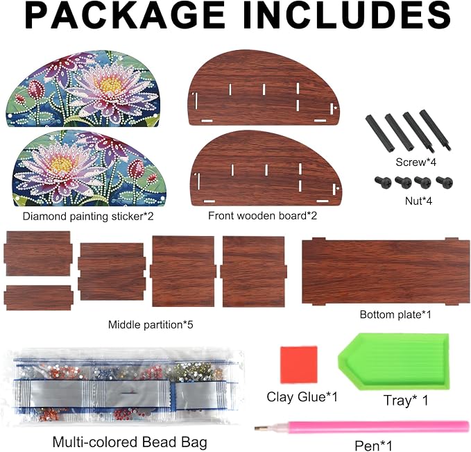 DIY Diamond Painting Storage Box, Pink Lotus Design Handmade 5D Diamond Art Case Multi-Compartment Wooden Desktop Organizer for TV AC Remotes Makeup Brushes Pens Holder Tabletop Craft Storage
