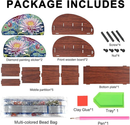 DIY Diamond Painting Storage Box, Pink Lotus Design Handmade 5D Diamond Art Case Multi-Compartment Wooden Desktop Organizer for TV AC Remotes Makeup Brushes Pens Holder Tabletop Craft Storage