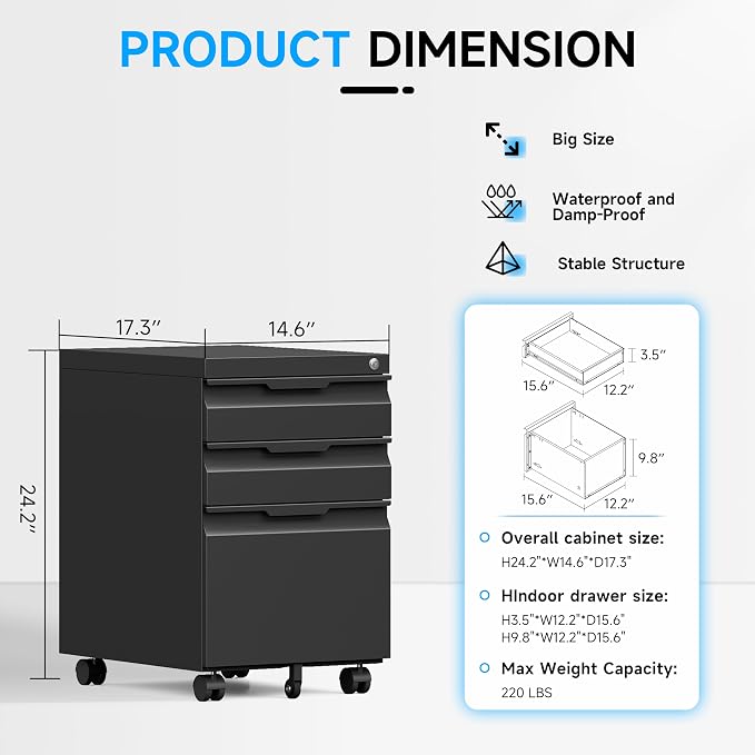 Bestoo Mobile File Cabinet with Lock, 3 Drawer Filing Cabinet, Under Desk Metal Rolling Filing Cabinets for Home Office, Fits Letter/Legal/A4 Size File, Easy Assembly