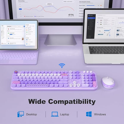 Dilter Wireless Keyboard and Mouse Combo, Full Size Retro Keyboard with Number Pad and 2 in 1 USB Connected Mouse for Windows 7/8/10, Laptop, Desktop, PC, Computer (Purple Colorful)