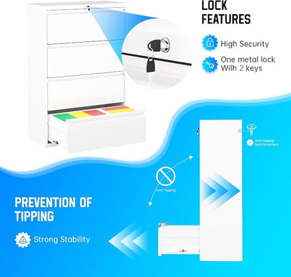 Greenvelly 4 Drawer File Cabinet, Lateral Filing Cabinet for Home Office, White Metal File Cabinet with Lock, Lockable Lateral File Cabinet with Hanging Files&Key for Letter/Legal/F4/A4 (36" W)