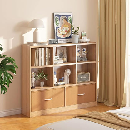 Adompacat Cube Bookshelf Storage Organizer Bookcase,8 Cube Open Mid-Centur Shelf,Freestanding Display Bookshelve, Modern Wide Toy Shelf with Drawers for Bedroom Living Room Office (Natural)