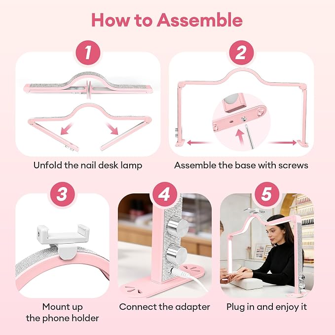 Arch Half Moon Light: Professional 34 inch 420 LED Beads - Nail Lamp for Desk Adjustable Brightness 3 Color Temperature - Foldable Nail Tech Light for Manicure Crafting (Pink)