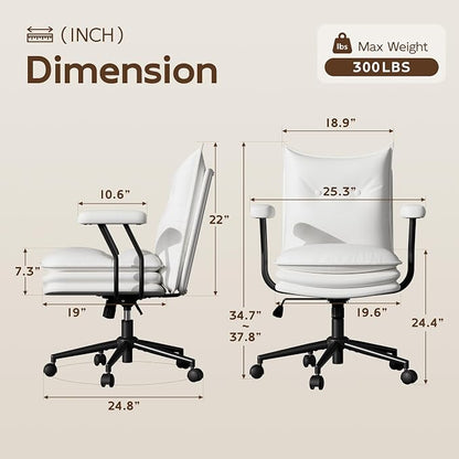 White Leather Office Chair with Triple-Layer Seat, Home Desk Chair | Comfy 7.3-inch Thick Cushion, Mid Back Ergonomic Support for Long Hours, Smooth Silent Wheels, Mid-Century Vintage Style