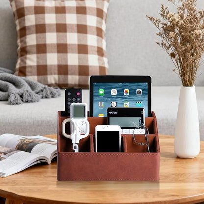 Desk Organizer Caddy with 5 Compartments for Office Art Supplies, PU Leather Nightstand Organizer Pencil Pen Desk Caddy for Home, Desktop TV Remote Control Holder Storage (Brown)