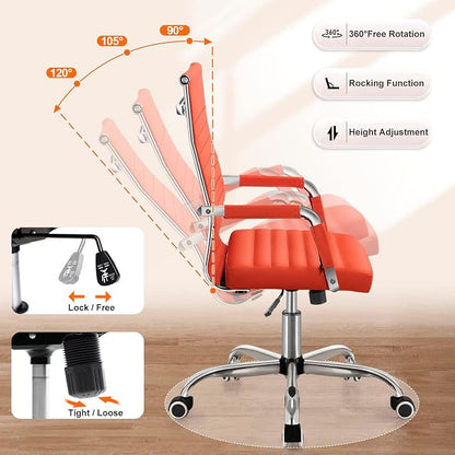 Shahoo Ribbed Office Chair, Mid-Back PU Leather Office Chair Executive Task Chair with 360° Swivel Wheels for Conference Room, Home Offices (Orange)