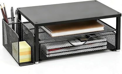 Spacrea Desk Organizer and Accessories, Computer Monitor Stand Riser with Drawer and 1 Open Pen Holder, Printer & Laptop Stand, Office Desk Accessories for Home Office Supplies (Black)