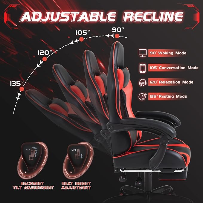 Shahoo Gaming Chair with Footrest and Massage Lumbar Support, Ergonomic Computer Chairs 360°Swivel and Height Adjustable Seat with Headrest for Office or Bedroom, Study Room, Red
