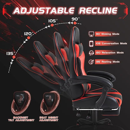 Shahoo Gaming Chair with Footrest and Massage Lumbar Support, Ergonomic Computer Chairs 360°Swivel and Height Adjustable Seat with Headrest for Office or Bedroom, Study Room, Red