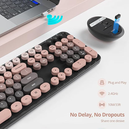 Guffercty kred Pink and Black Keyboard Mouse Wireless, Retro Typewriter Round Keycaps Full-Size Wireless Keyboard 2.4GHz for Desktop Laptop and PC (Dark Plum)
