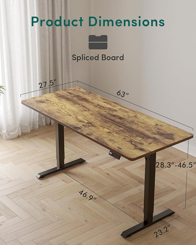 CubiCubi 63 x 28 Large Standing Desk, Height Adjustable Electric Computer Desk, 28" Deep Desktop, Sit Stand up Home Office Workstations with Preset Heights, Rustic Brown