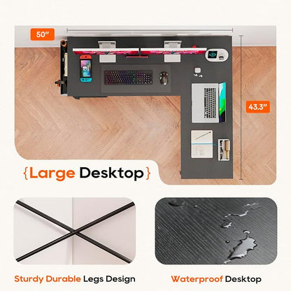 FDW 50 Inch L-Shaped Desk,Gaming Desk Computer Desk with Side Storage Bag & CPU Stand,Corner Desk for Home Office,Bedroom,Writing & Gaming,Black