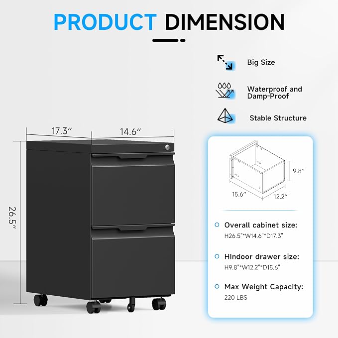 Bestoo Mobile File Cabinet with Lock, 2 Drawer Filing Cabinet, Under Desk Metal Rolling Filing Cabinets for Home Office, Fits Letter/Legal/A4 Size File, Easy Assembly
